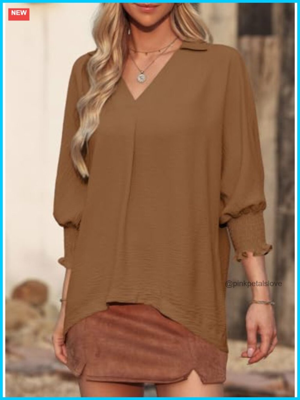 Dressy Casual 3/4 Sleeve Collared V-Neck Blouse Business Work Top View 3